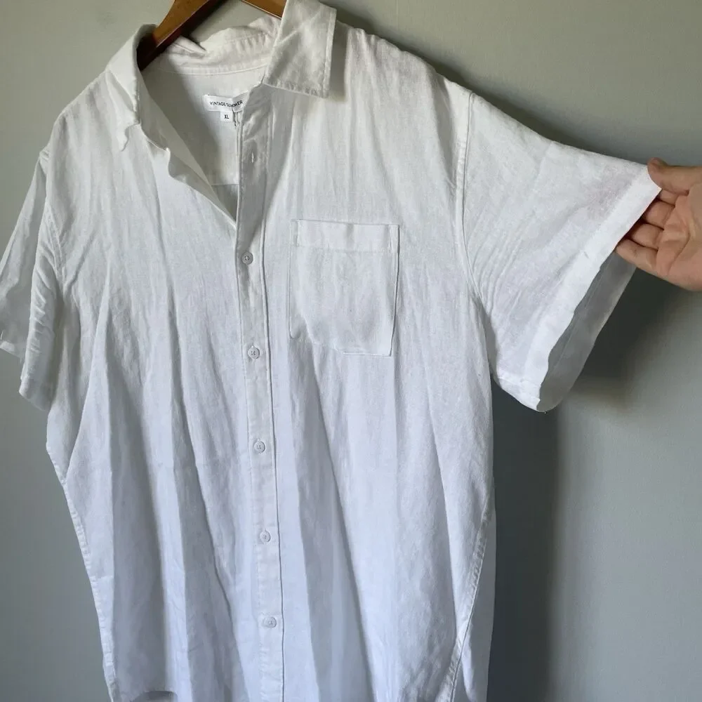 Vintage Summer Linen Blend Button Down Shirt Top Short Sleeves White Men's XL